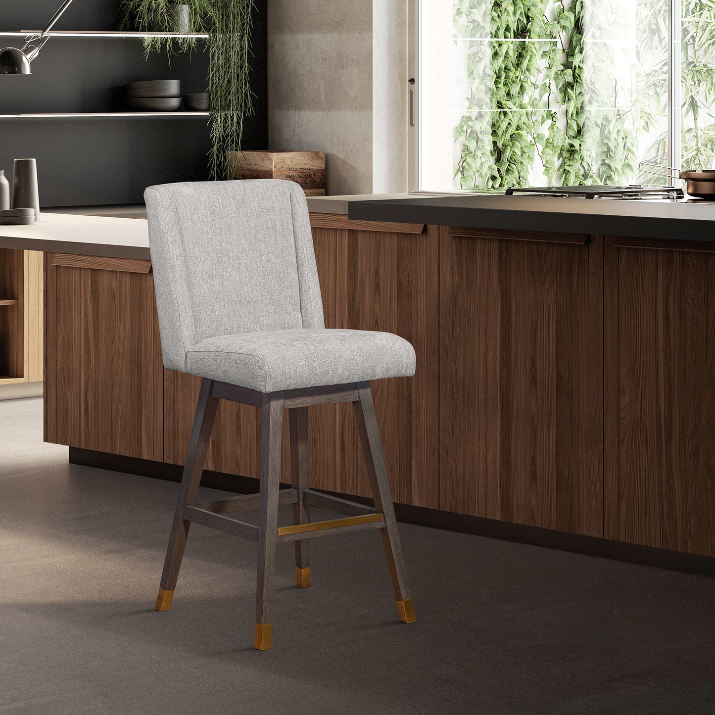 Stancoste Swivel Counter Stool in Grey Oak Wood Finish with Mocha Fabric