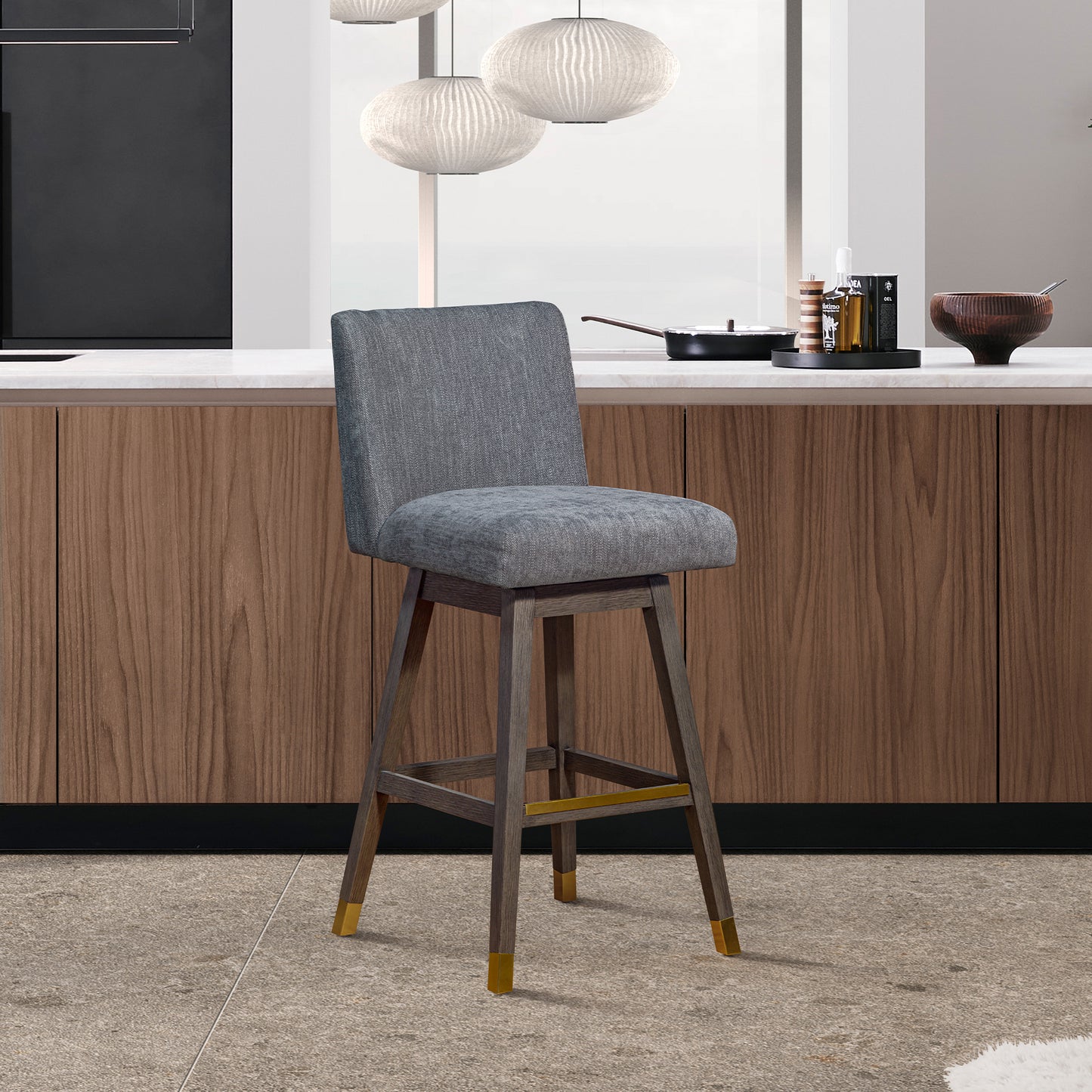Basila Swivel Bar Stool in Grey Oak Wood Finish with Grey Fabric