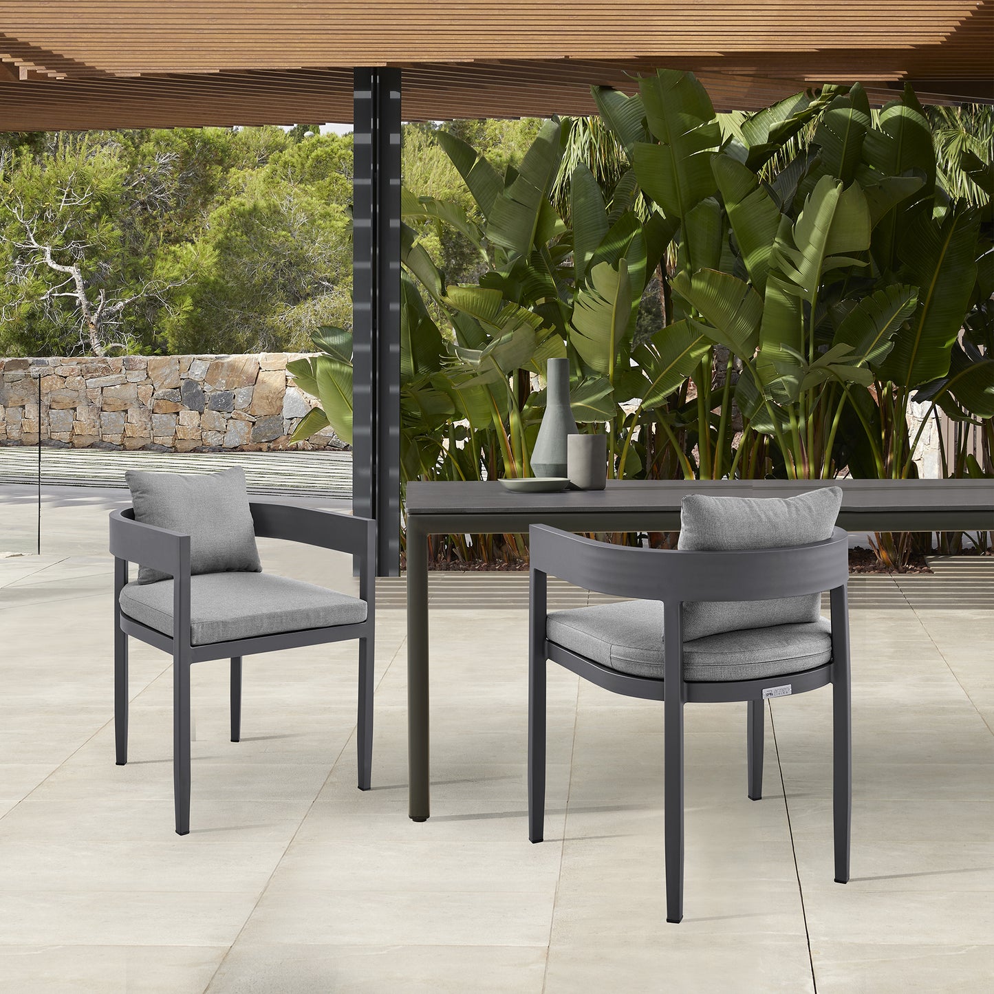 Argiope Outdoor Patio Dining Chairs in Aluminum with Grey Cushions - Set of 2
