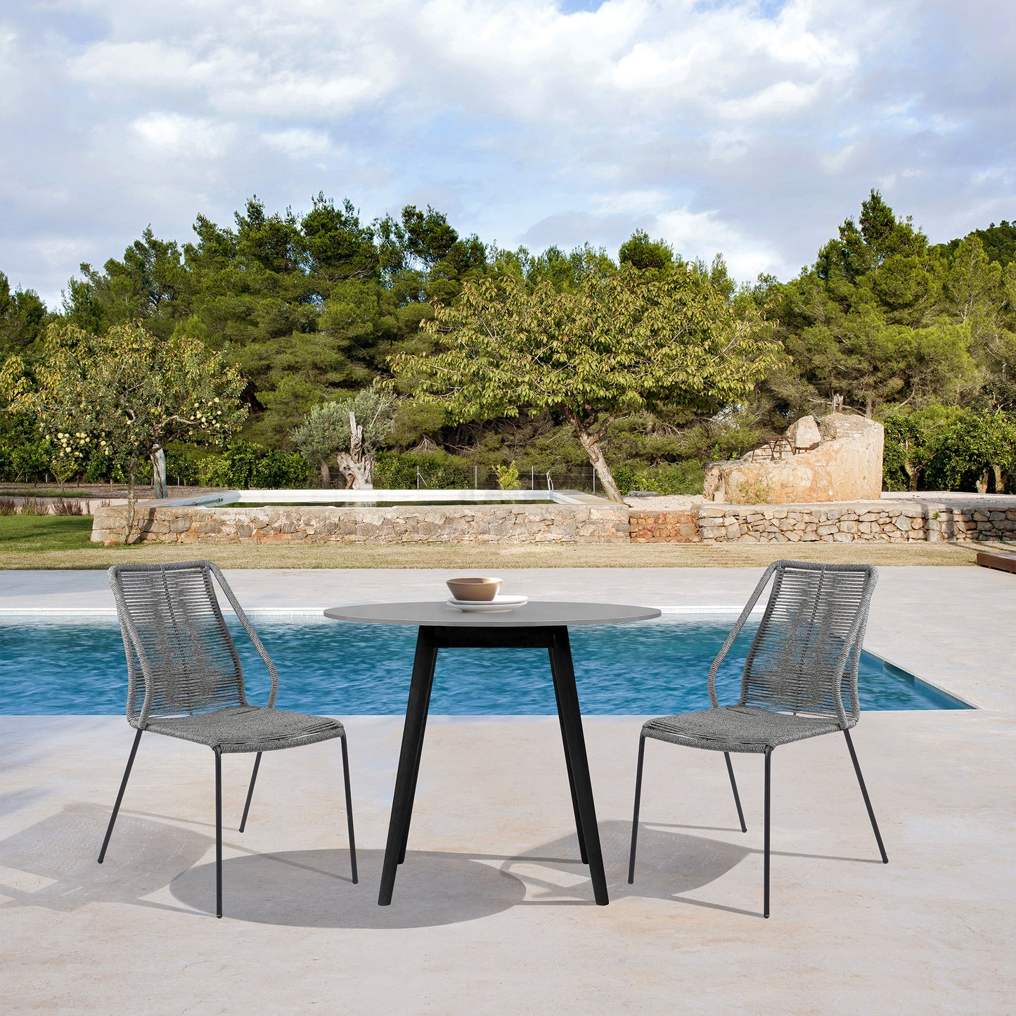 Sydney and Clip 3 Piece Patio 36" Dining Set in Black Eucalyptus Wood and Grey