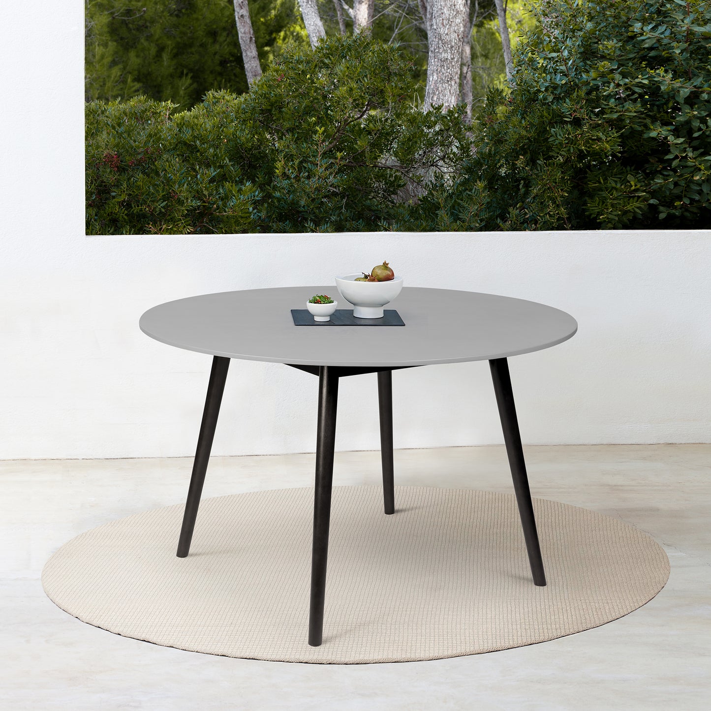Sydney Outdoor Patio Round Dining Table in Dark Eucalyptus and Grey Stone