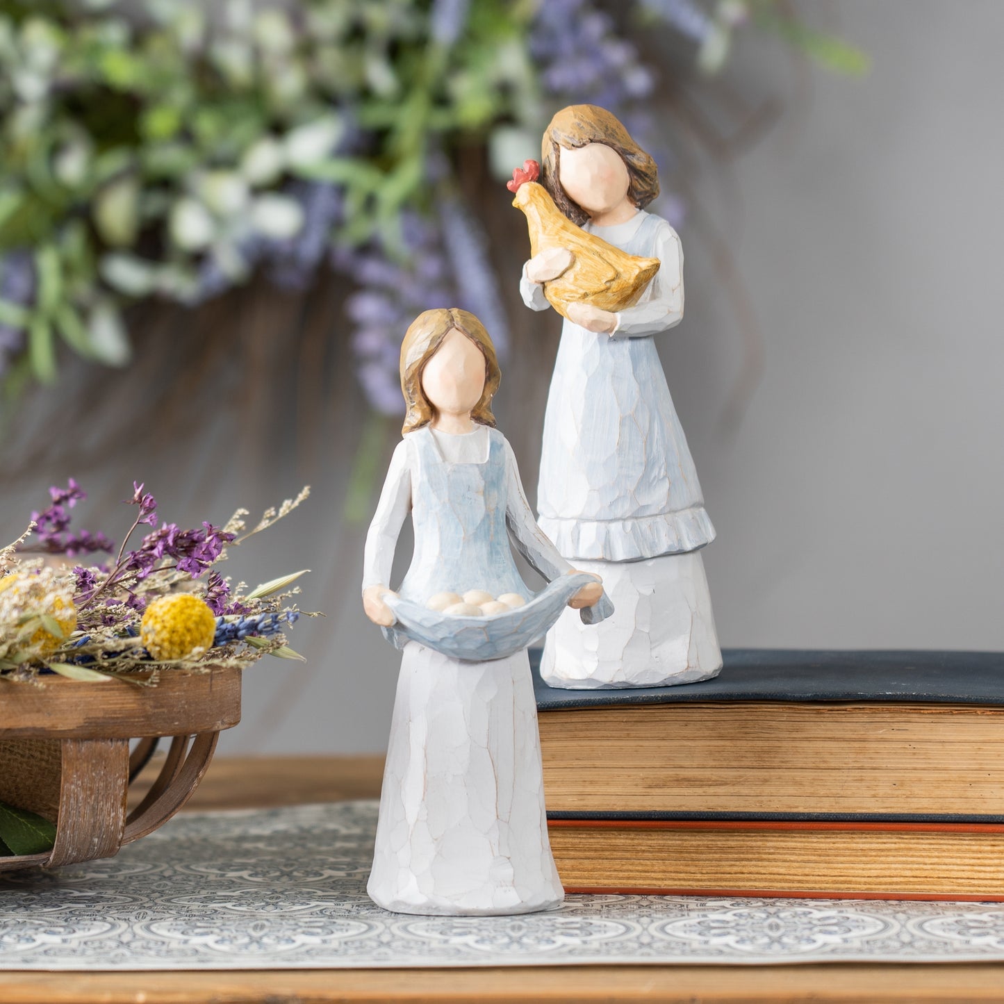 Girl With Chicken And Eggs (Set Of 2) 7.25"H Resin
