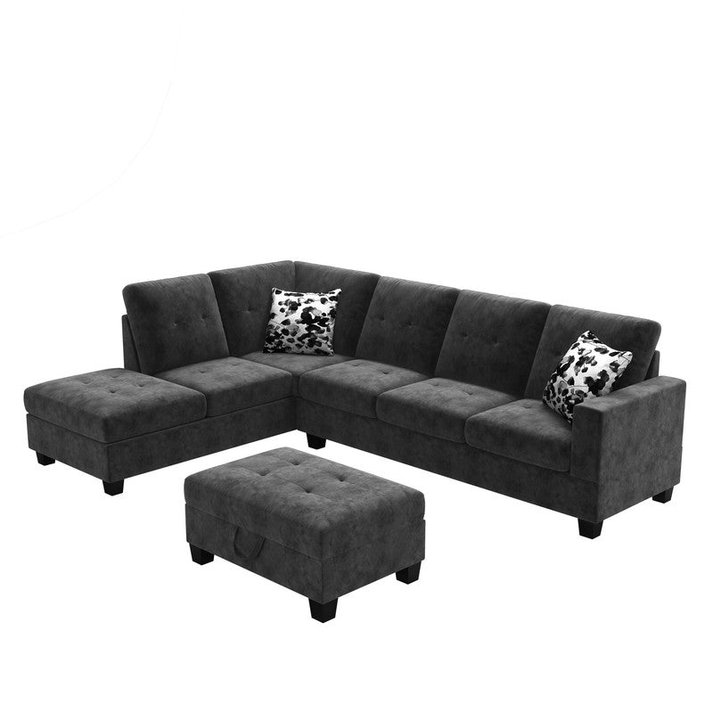 Remi Dark Gray Velvet Reversible Sectional Sofa, Dropdown Table, Charging Ports