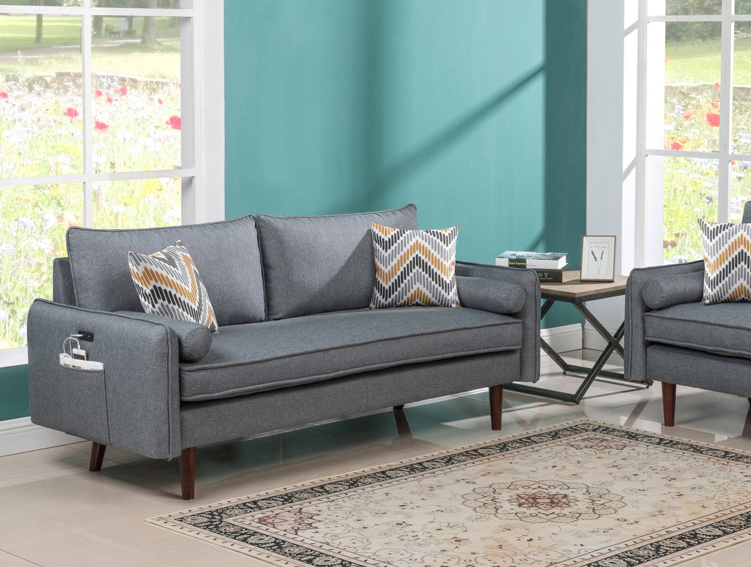 Mia Mid-Century Modern Gray Linen Sofa Couch with USB Charging Ports & Pillows