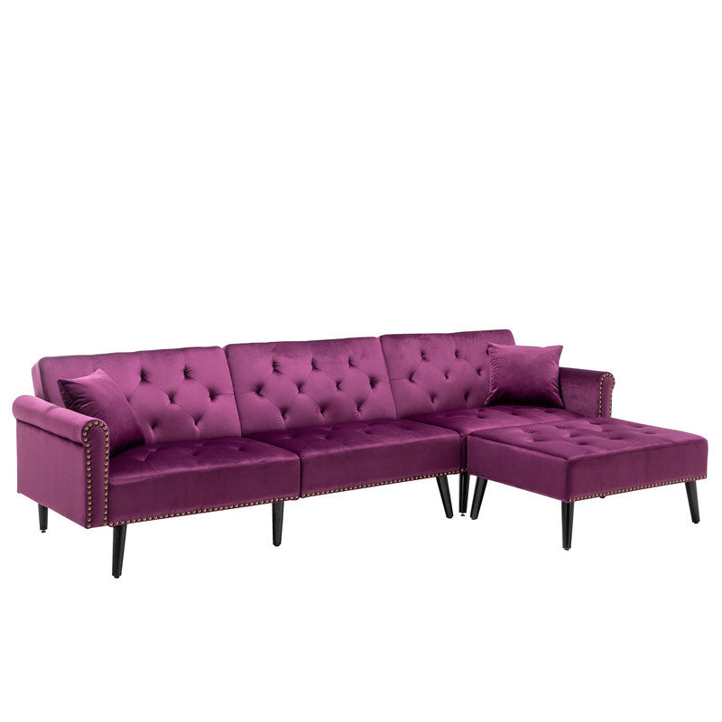 Lilola Home Piper Purple Velvet Sofa Bed with Ottoman and 2 Accent Pillows