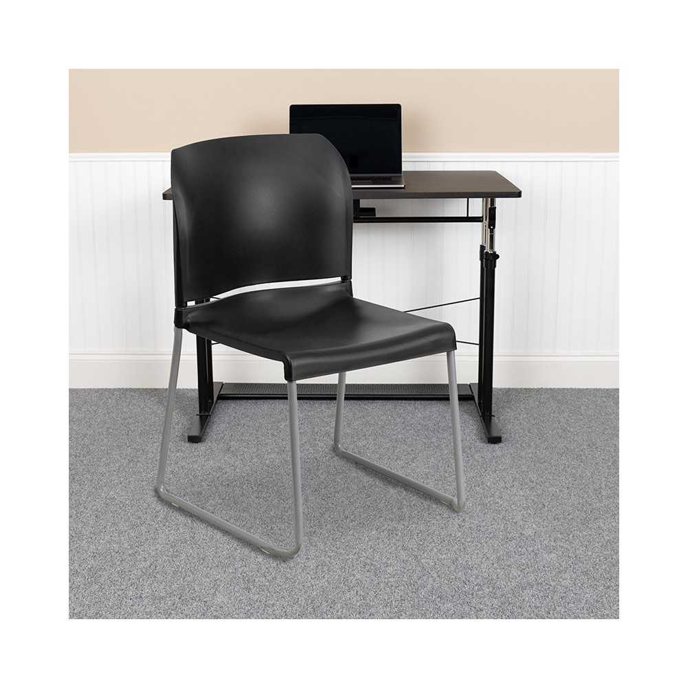 880 lb. Capacity Black Full Back Contoured Stack Chair with Gray Powder Coated Sled Base