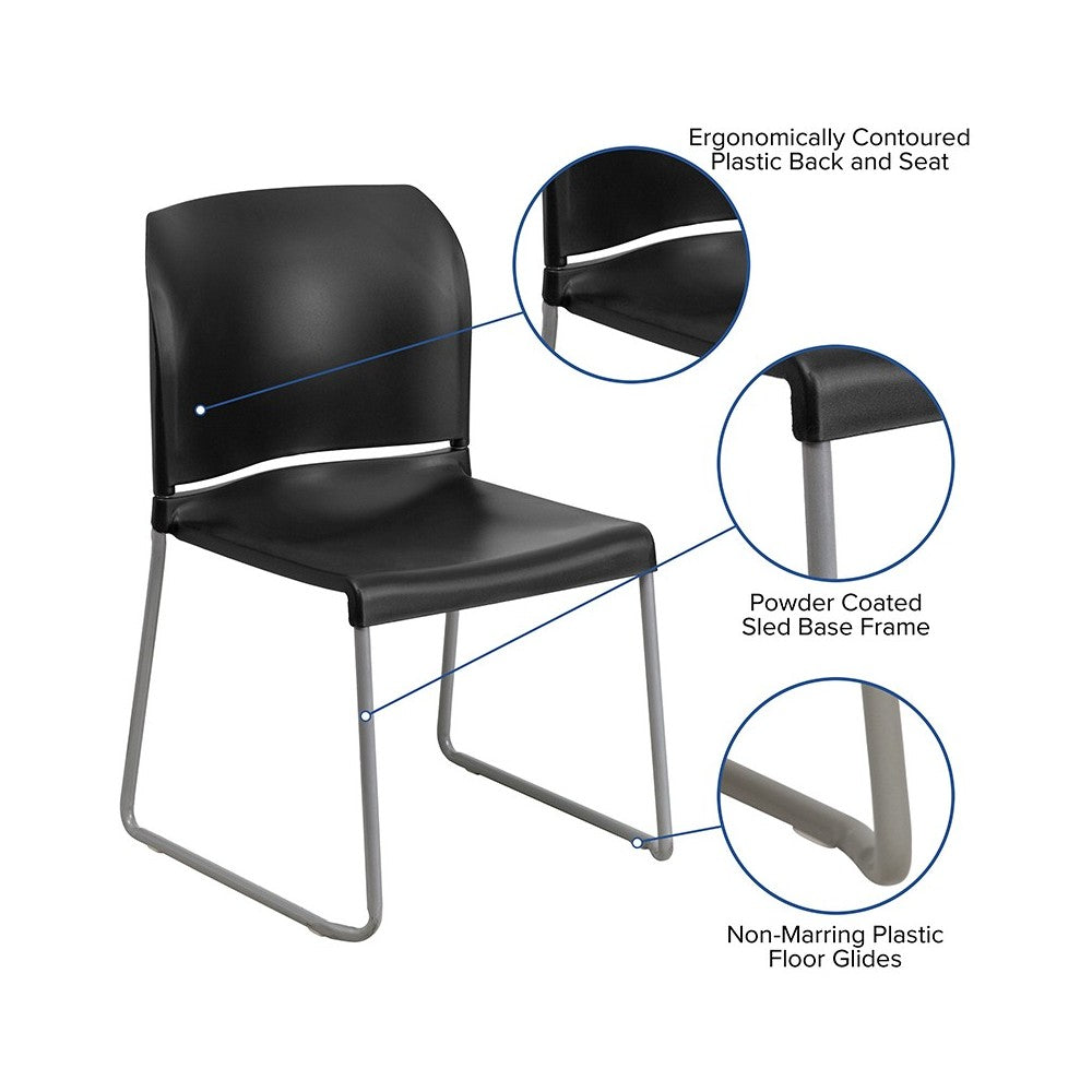 880 lb. Capacity Black Full Back Contoured Stack Chair with Gray Powder Coated Sled Base