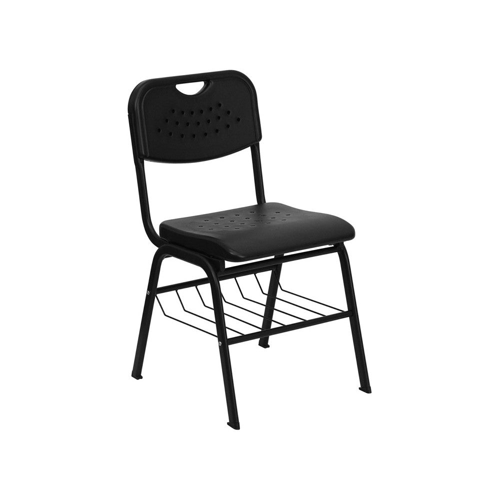880 lb. Capacity Black Plastic Chair with Black Frame and Book Basket