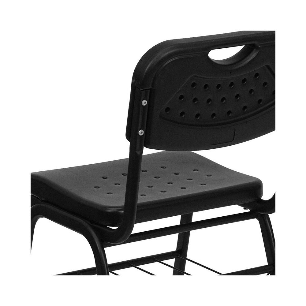880 lb. Capacity Black Plastic Chair with Black Frame and Book Basket