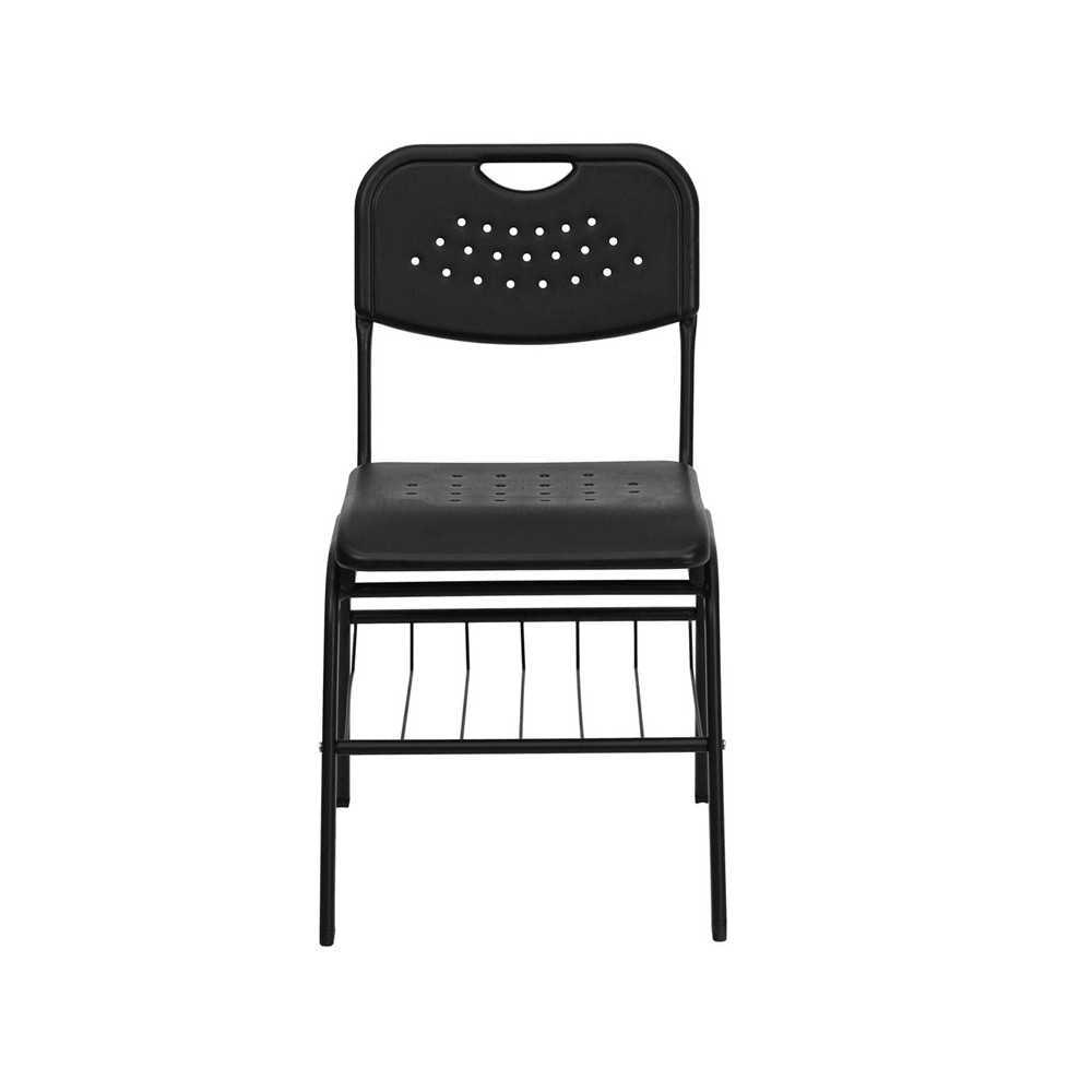 880 lb. Capacity Black Plastic Chair with Black Frame and Book Basket