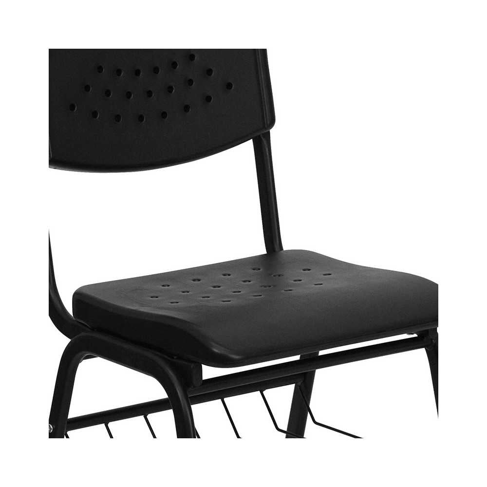 880 lb. Capacity Black Plastic Chair with Black Frame and Book Basket