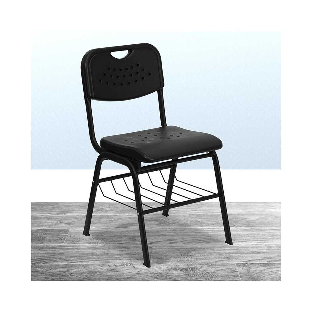 880 lb. Capacity Black Plastic Chair with Black Frame and Book Basket