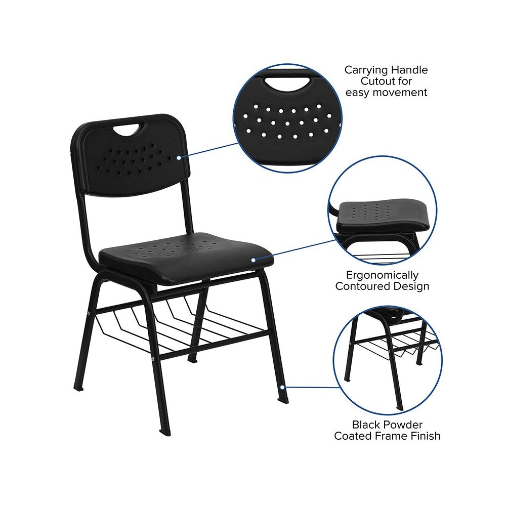 880 lb. Capacity Black Plastic Chair with Black Frame and Book Basket