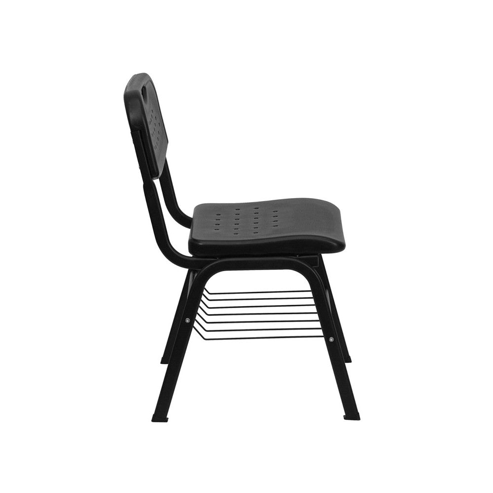 880 lb. Capacity Black Plastic Chair with Black Frame and Book Basket