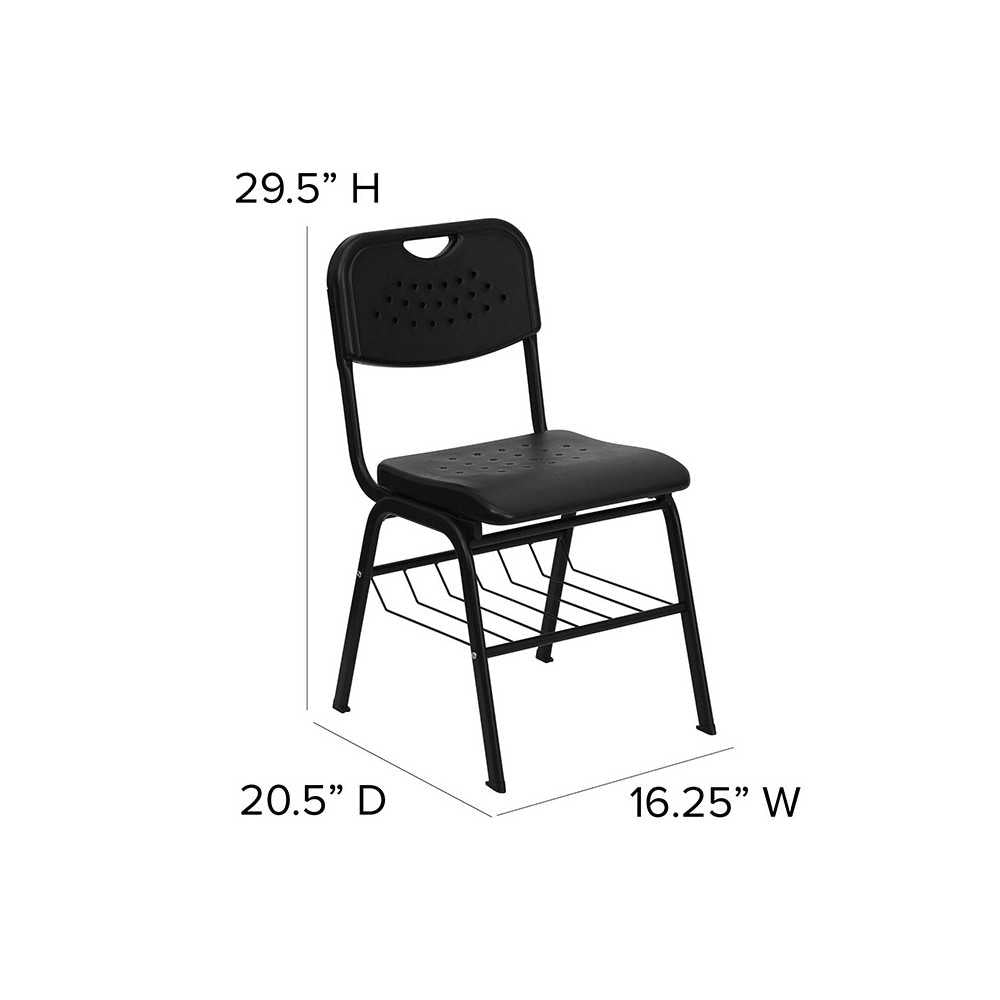 880 lb. Capacity Black Plastic Chair with Black Frame and Book Basket