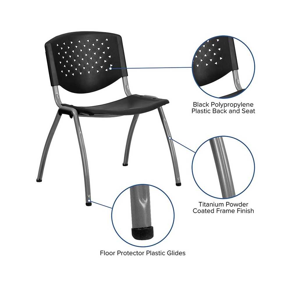 880 lb. Capacity Black Plastic Stack Chair with Titanium Gray Powder Coated Frame