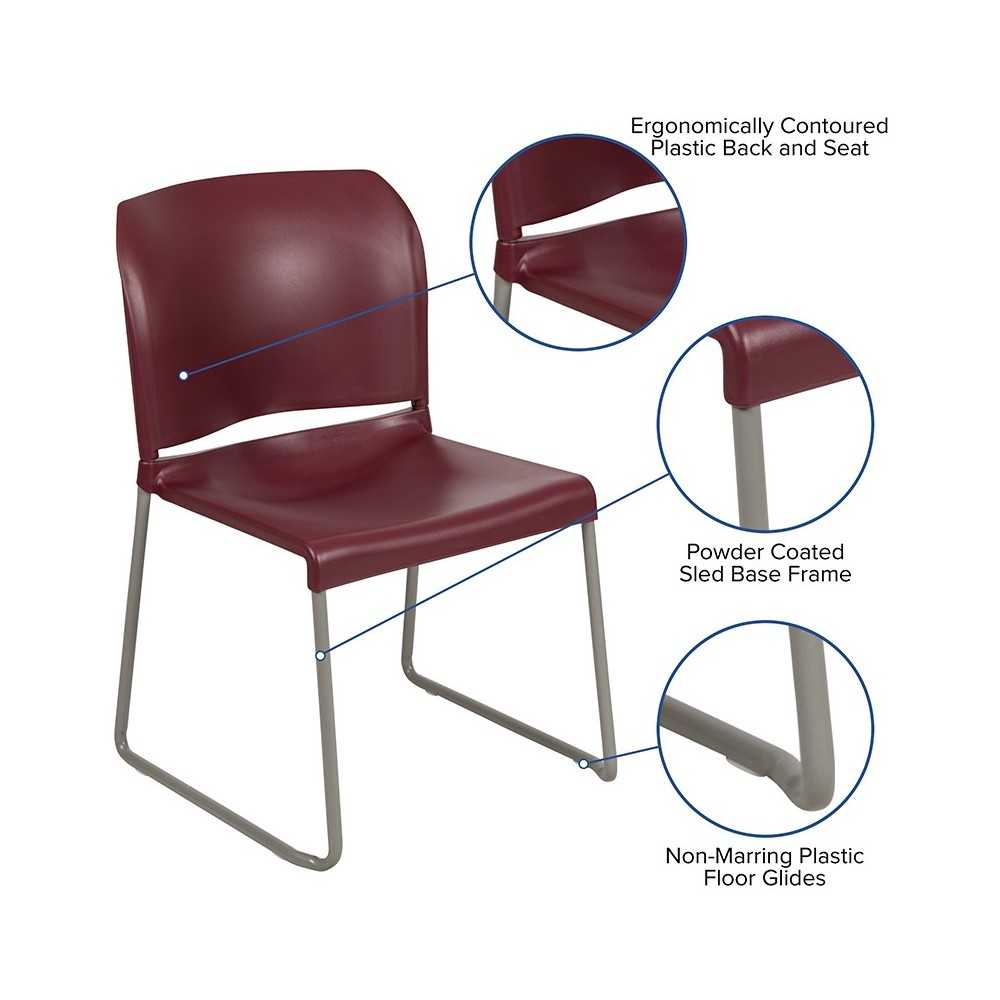 880 lb. Capacity Burgundy Full Back Contoured Stack Chair with Gray Powder Coated Sled Base