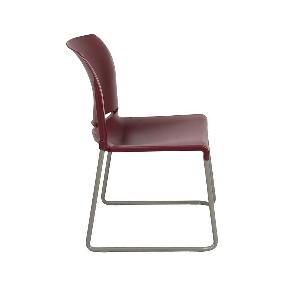 880 lb. Capacity Burgundy Full Back Contoured Stack Chair with Gray Powder Coated Sled Base