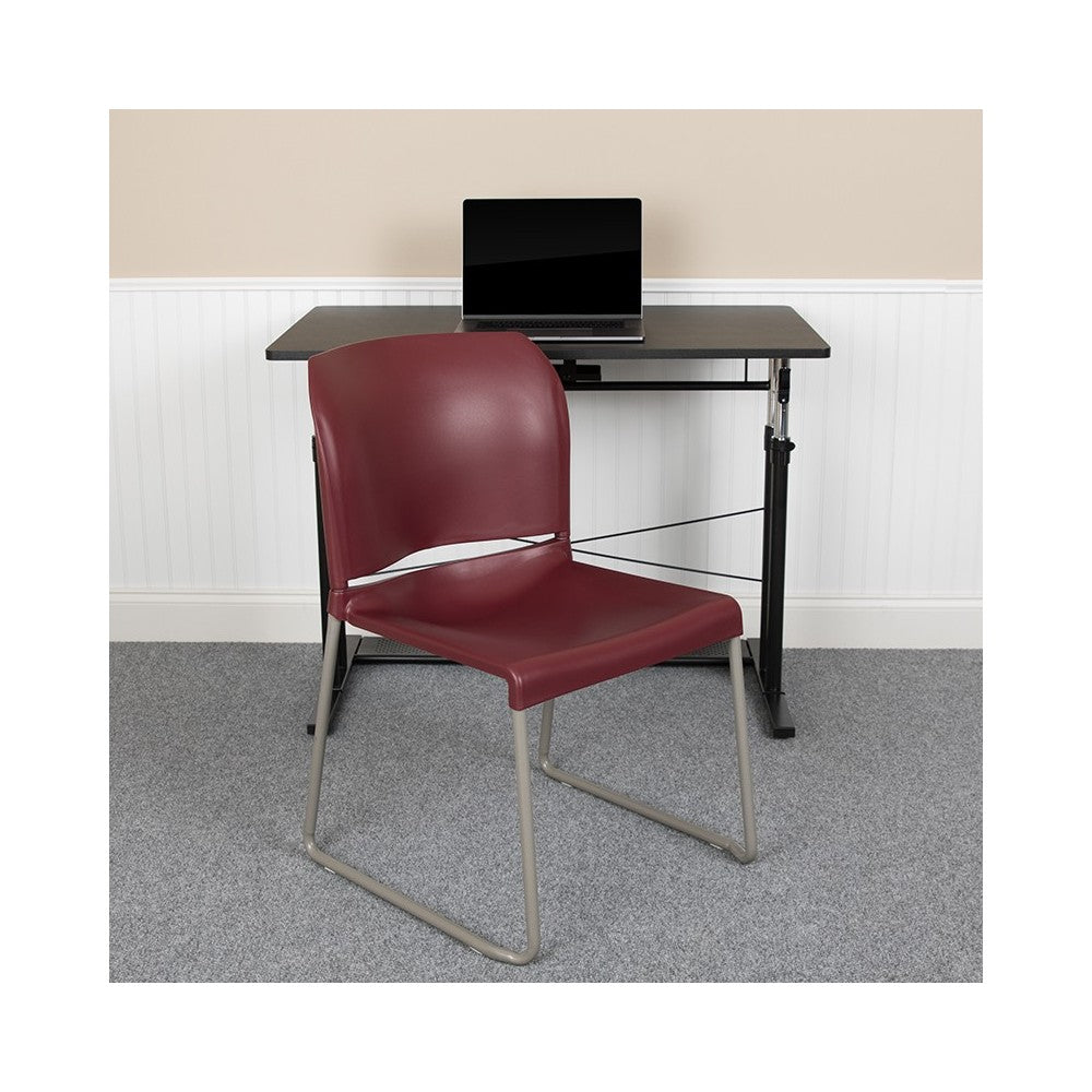880 lb. Capacity Burgundy Full Back Contoured Stack Chair with Gray Powder Coated Sled Base