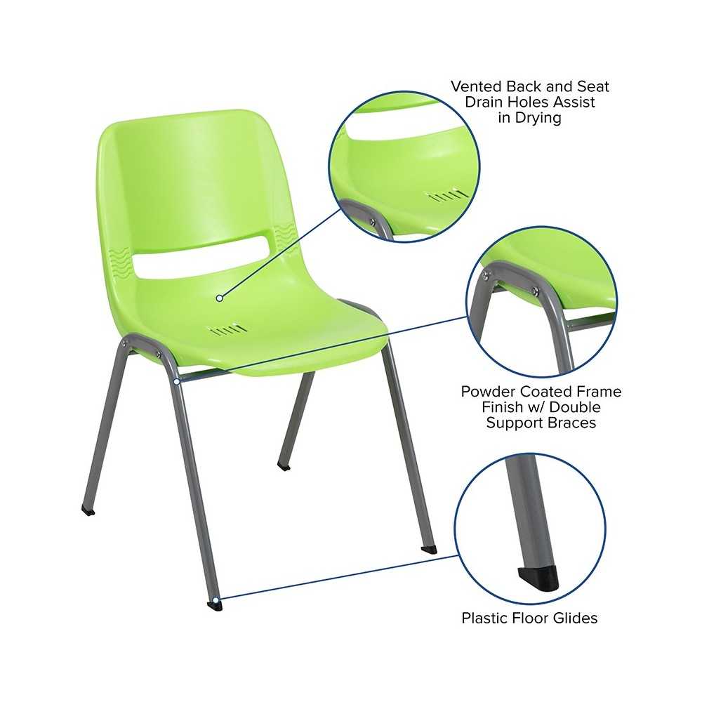880 lb. Capacity Green Ergonomic Shell Stack Chair with Gray Frame