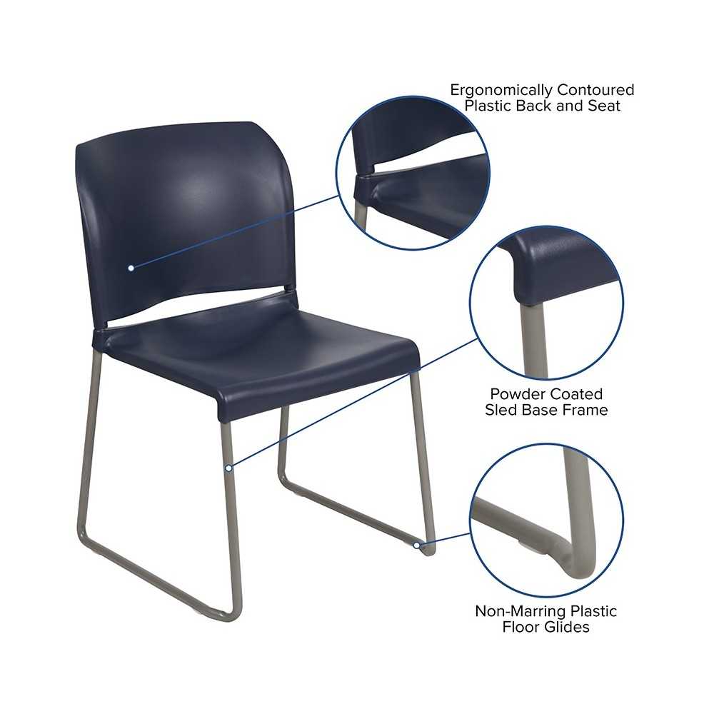 880 lb. Capacity Navy Full Back Contoured Stack Chair with Gray Powder Coated Sled Base