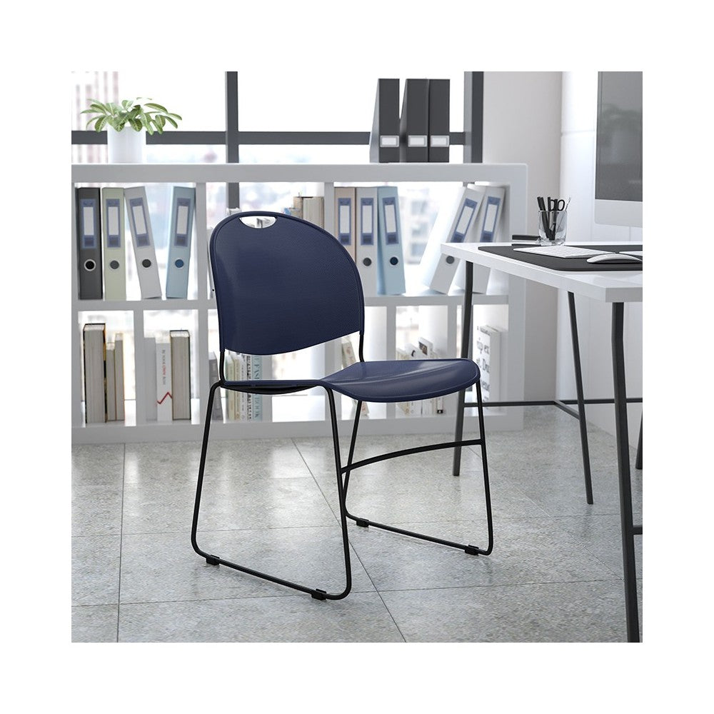 880 lb. Capacity Navy Ultra-Compact Stack Chair with Silver Powder Coated Frame