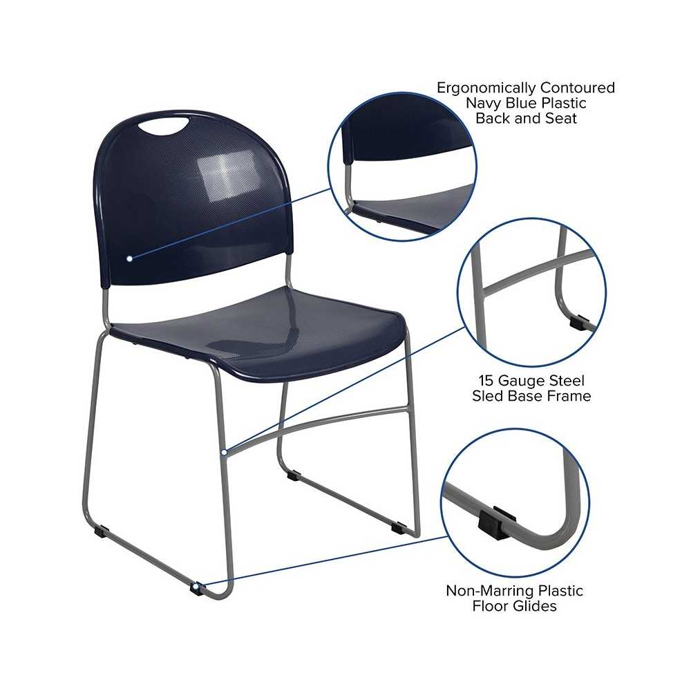 880 lb. Capacity Navy Ultra-Compact Stack Chair with Silver Powder Coated Frame