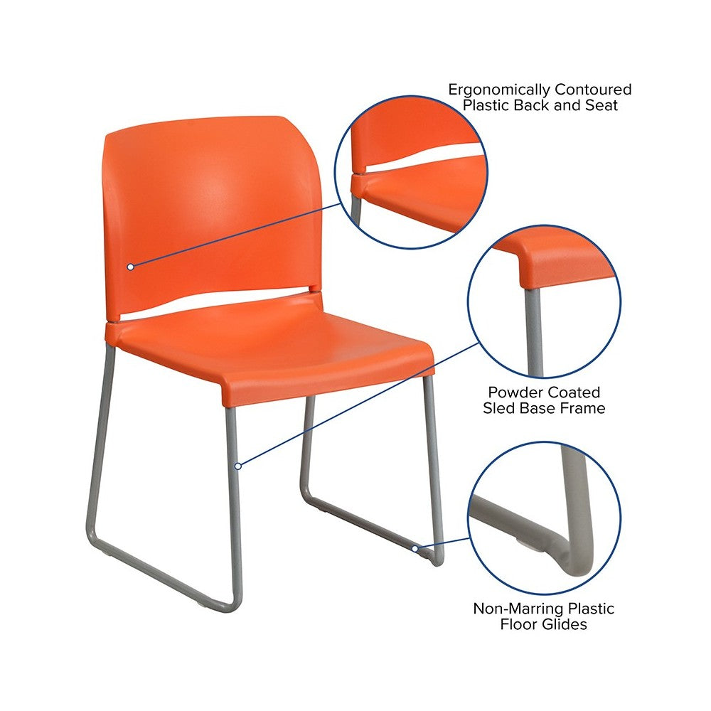 880 lb. Capacity Orange Full Back Contoured Stack Chair with Gray Powder Coated Sled Base