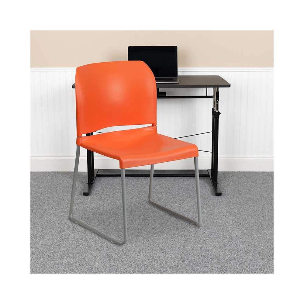 880 lb. Capacity Orange Full Back Contoured Stack Chair with Gray Powder Coated Sled Base