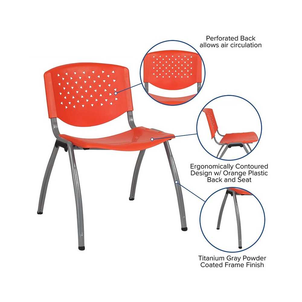 880 lb. Capacity Orange Plastic Stack Chair with Titanium Gray Powder Coated Frame