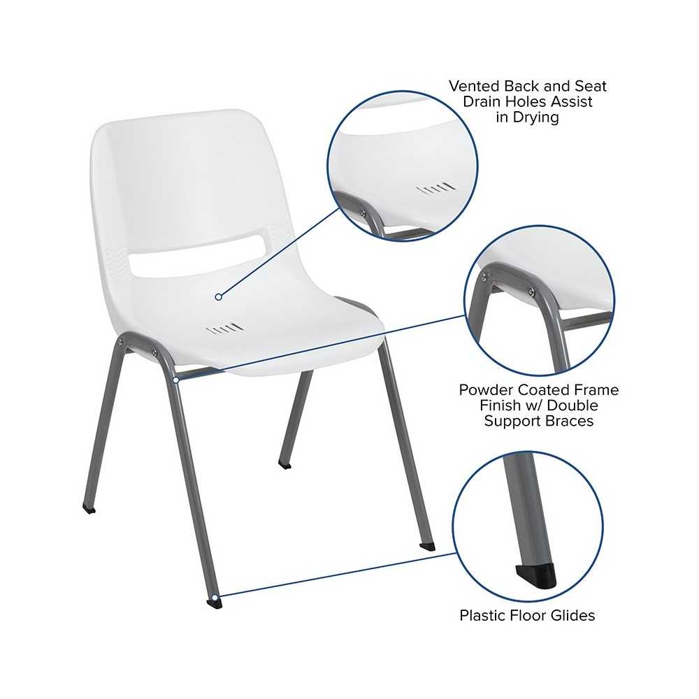 880 lb. Capacity White Ergonomic Shell Stack Chair with Gray Frame