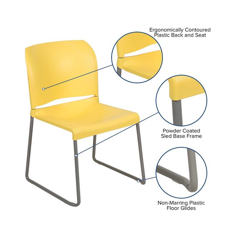 880 lb. Capacity Yellow Full Back Contoured Stack Chair with Gray Powder Coated Sled Base