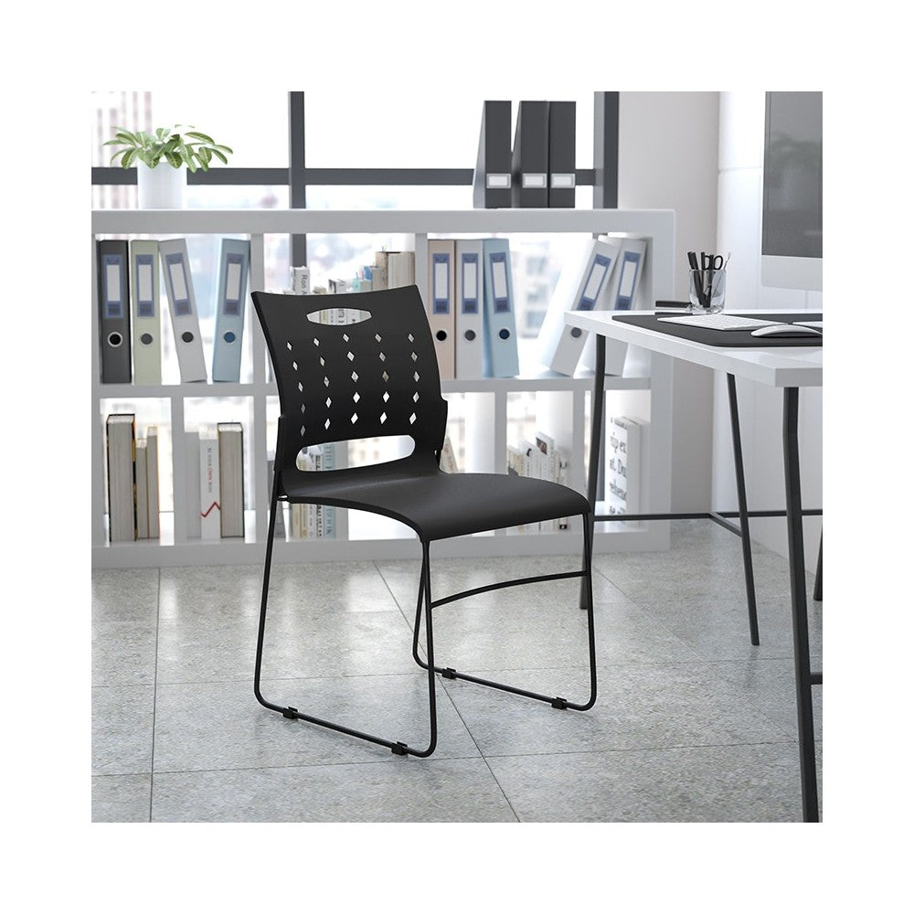 881 lb. Capacity Black Sled Base Stack Chair with Air-Vent Back