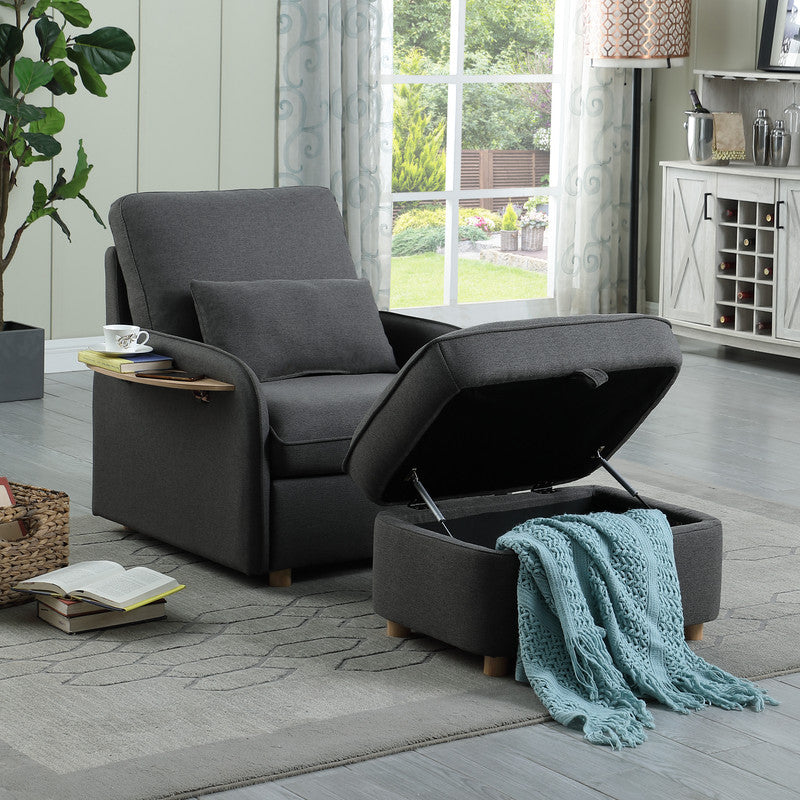 Huckleberry Dark Gray Linen Accent Chair Storage Ottoman and Folding Side Table