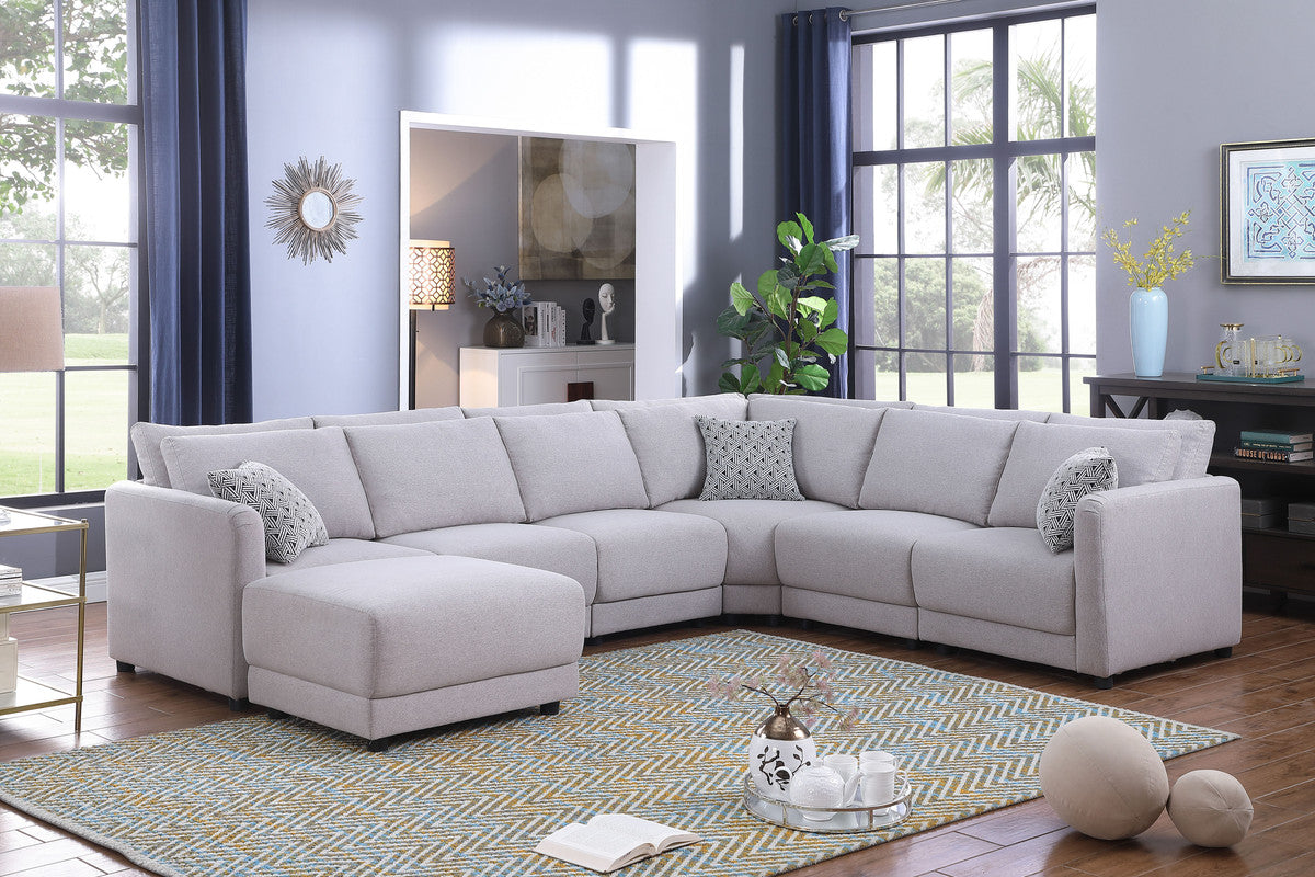 Penelope Light Gray Linen Reversible 7PC Modular Sectional, Ottoman, 89126-1A