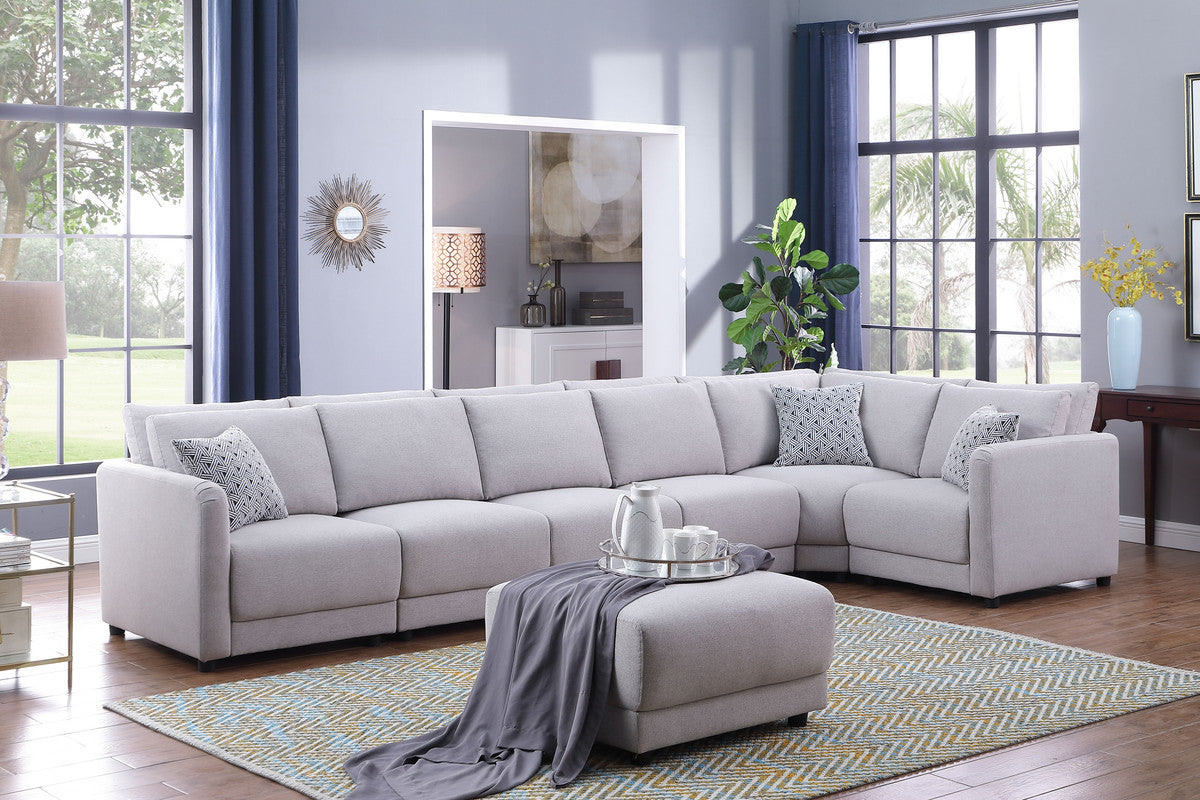 Penelope Light Gray Linen Reversible 7PC Modular Sectional, Ottoman, 89126-2