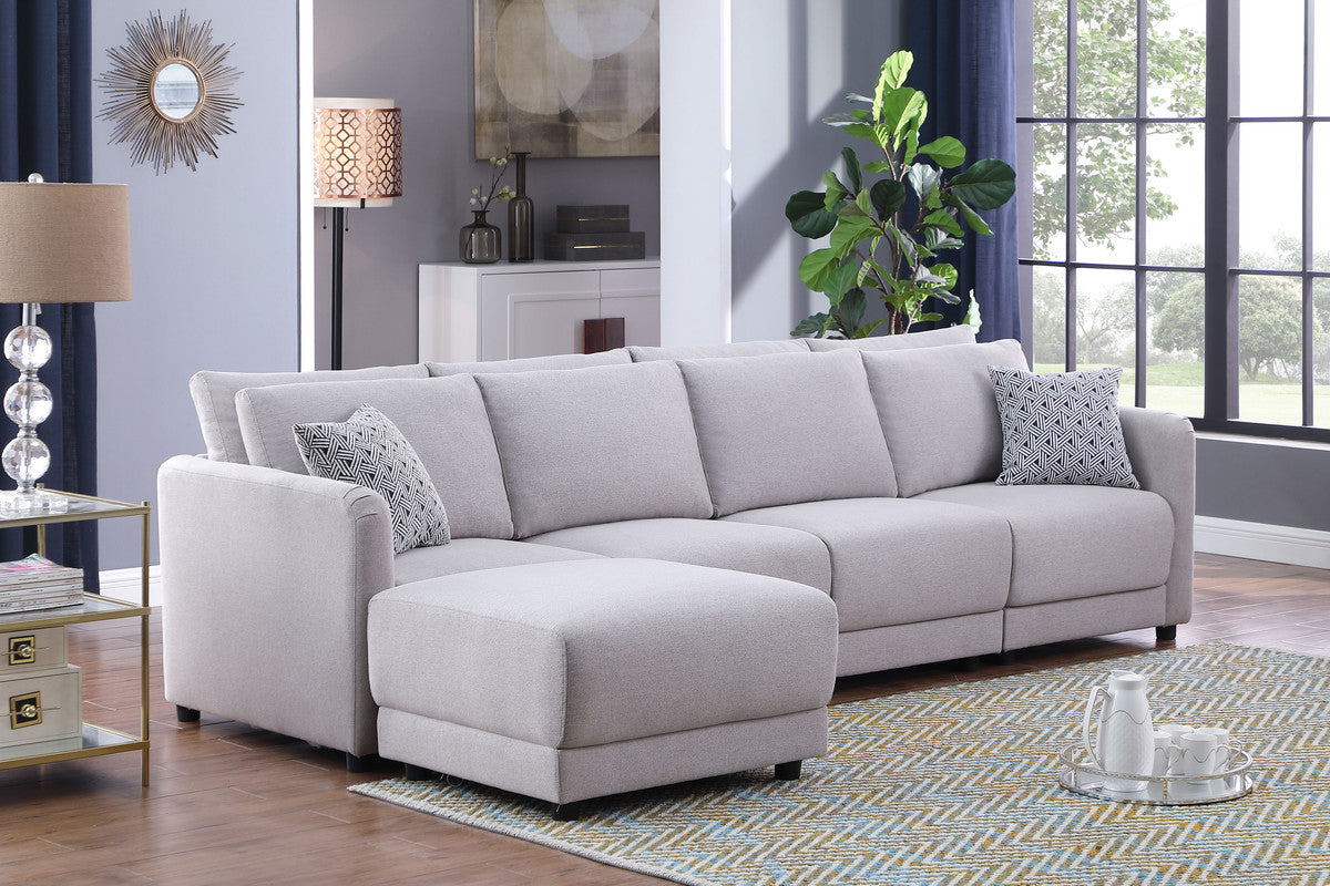 Penelope Light Gray Linen Fabric 4-Seater Sofa with Ottoman, 89126-8A
