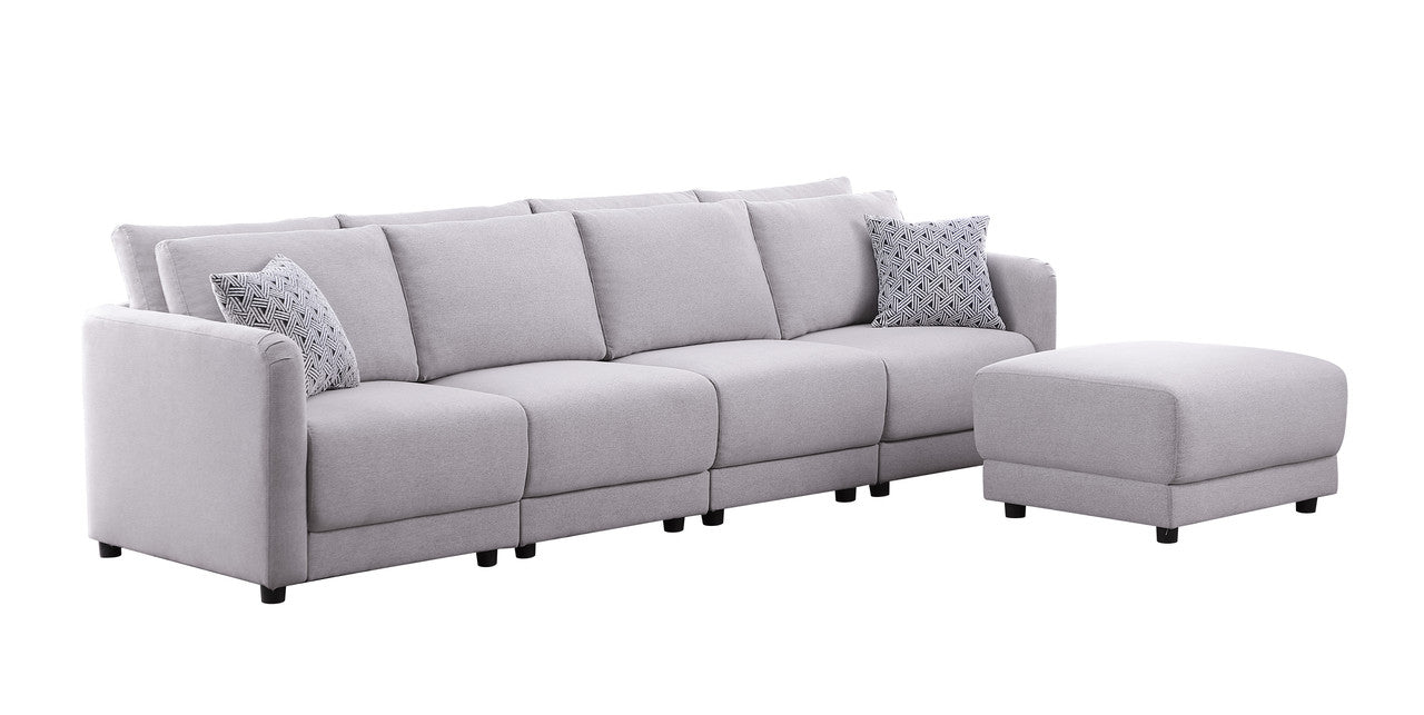 Penelope Light Gray Linen Fabric 4-Seater Sofa with Ottoman, 89126-8B