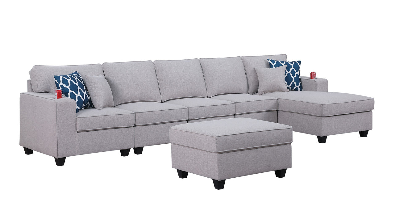 Cooper Light Gray Linen 6Pc Sectional Sofa Chaise, Ottoman, Cupholder, 89131-7B