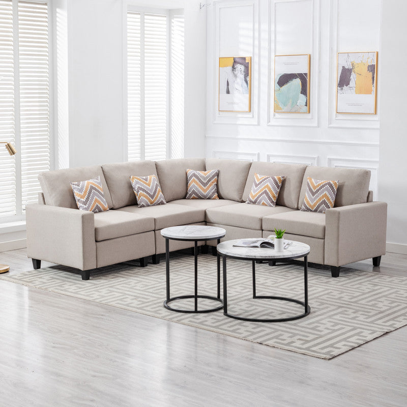 Nolan Beige Linen 5Pc Reversible Sectional Sofa, Interchangeable Legs