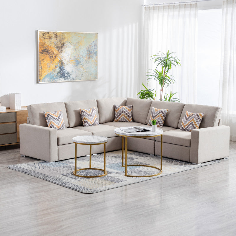 Nolan Beige Linen 5Pc Reversible Sectional Sofa, Interchangeable Legs
