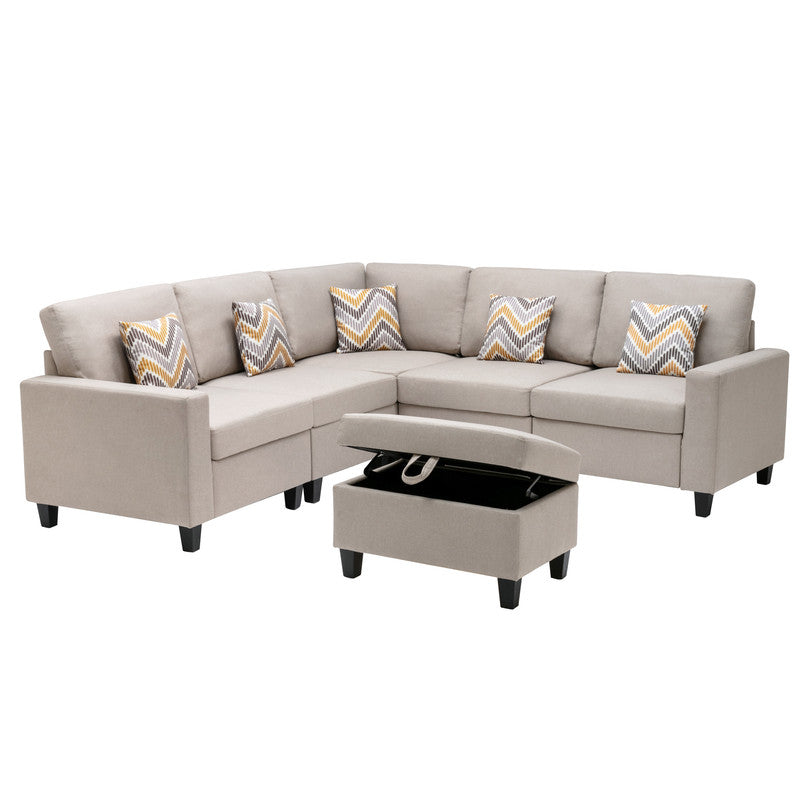 Nolan Beige Linen 6Pc Reversible Sectional, Storage Ottoman/Interchangeable Legs