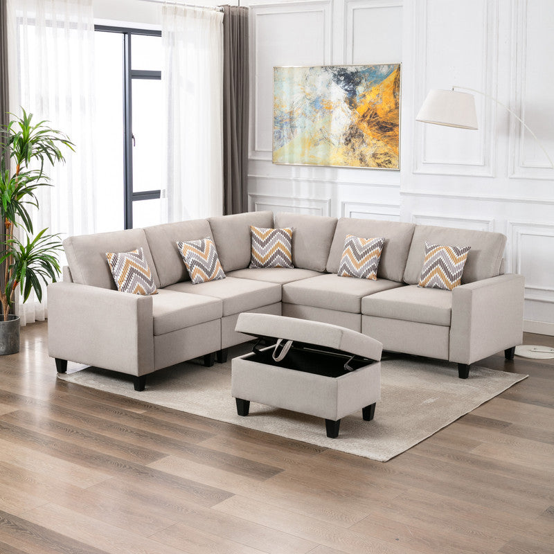 Nolan Beige Linen 6Pc Reversible Sectional, Storage Ottoman/Interchangeable Legs