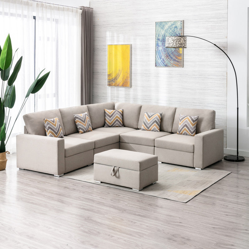 Nolan Beige Linen 6Pc Reversible Sectional, Storage Ottoman/Interchangeable Legs