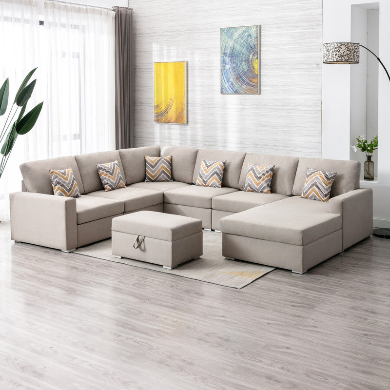 Nolan Beige Linen 7Pc Reversible Chaise Sectional, Storage Ottoman, 89420-20A