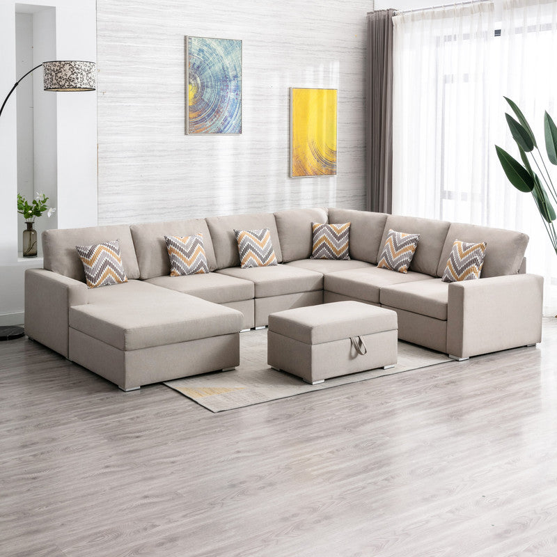 Nolan Beige Linen 7Pc Reversible Chaise Sectional, Storage Ottoman, 89420-20B