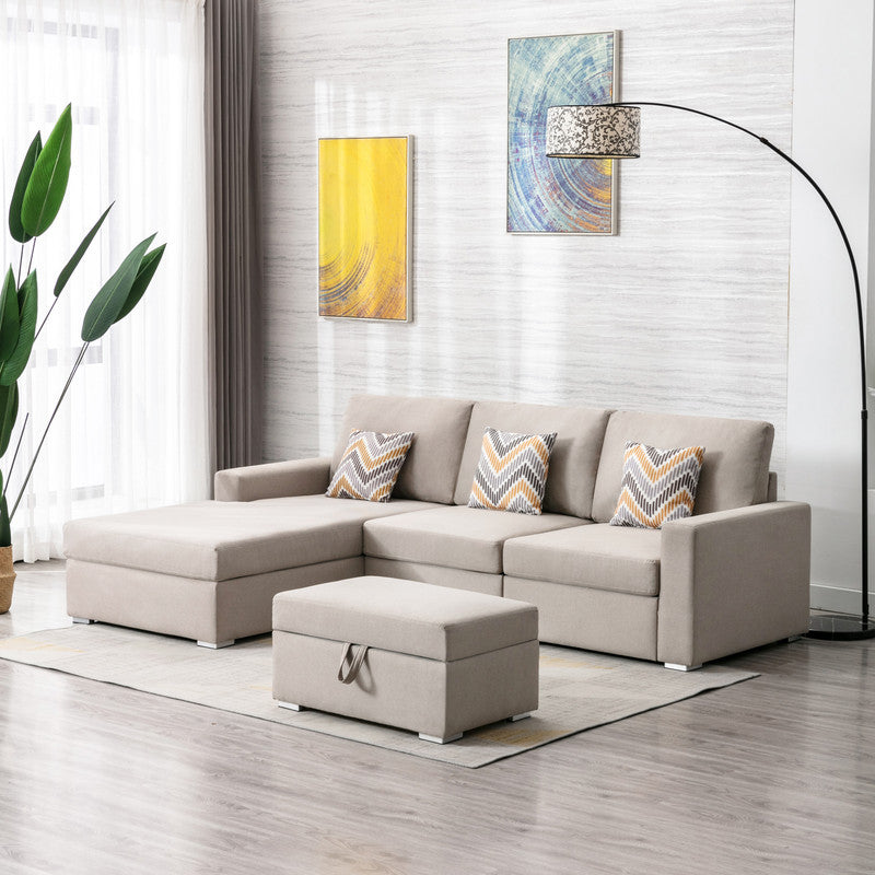 Nolan Beige Linen 4Pc Reversible Sofa Chaise with Storage Ottoman, 89420-21A