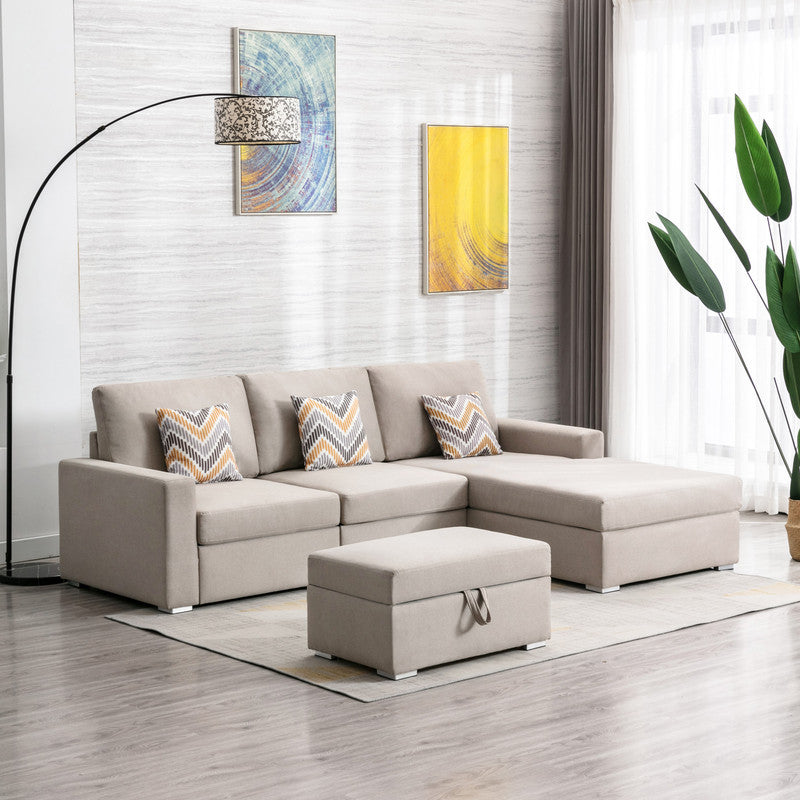 Nolan Beige Linen 4Pc Reversible Sofa Chaise with Storage Ottoman, 89420-21B