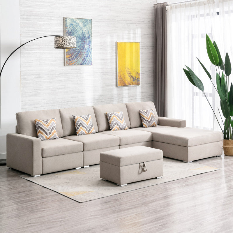 Nolan Beige Linen 5Pc Reversible Sofa Chaise with Storage Ottoman, 89420-22B
