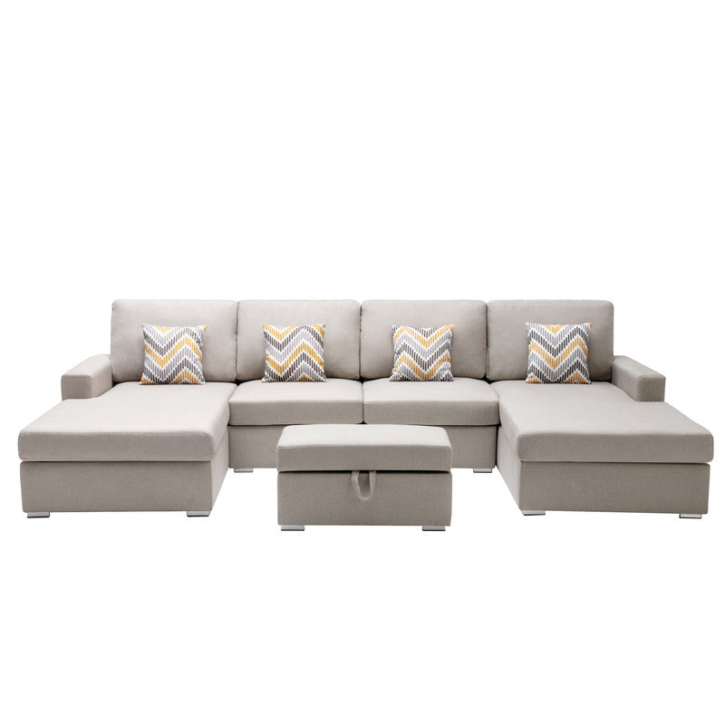 Nolan Beige Linen 5Pc Double Chaise Sectional Sofa with Storage Ottoman, Pillows